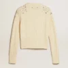 Pull court pour femme, effet « worn-white », orné de cristaux décoratifs