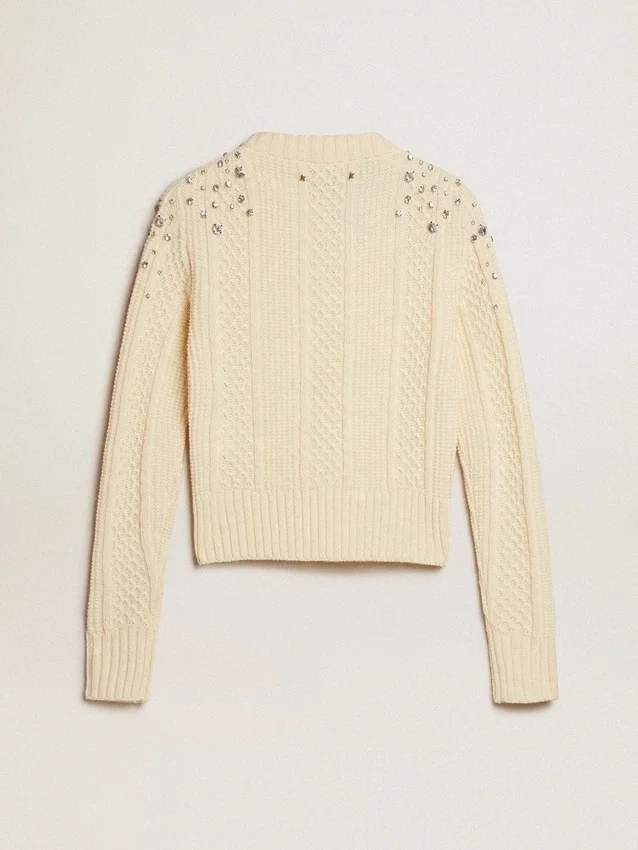 Pull court pour femme, effet « worn-white », orné de cristaux décoratifs