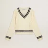Pull court pour femme à motif torsadé, avec bords-côtes bleus et cristaux