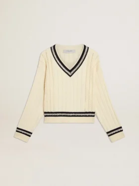 Pull court pour femme à motif torsadé, avec bords-côtes bleus et cristaux