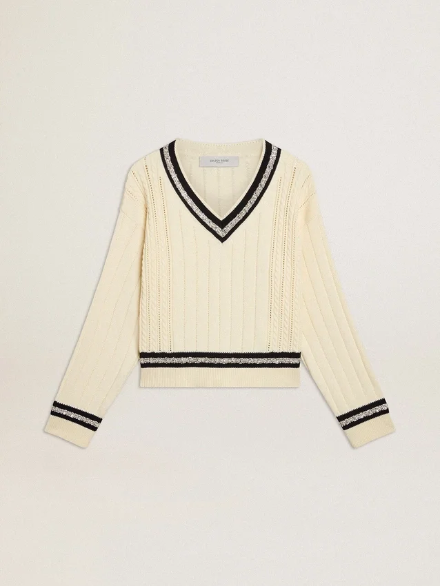 Pull court pour femme à motif torsadé, avec bords-côtes bleus et cristaux