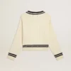 Pull court pour femme à motif torsadé, avec bords-côtes bleus et cristaux
