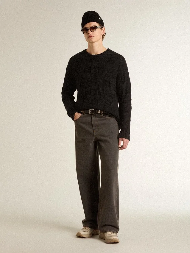 Pull en laine noir pour homme à effet vieilli