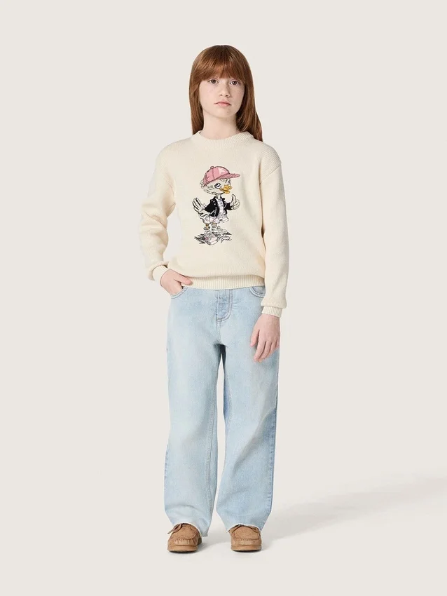 Pull « Golden Girls » en fil de coton blanc avec broderie de mascotte