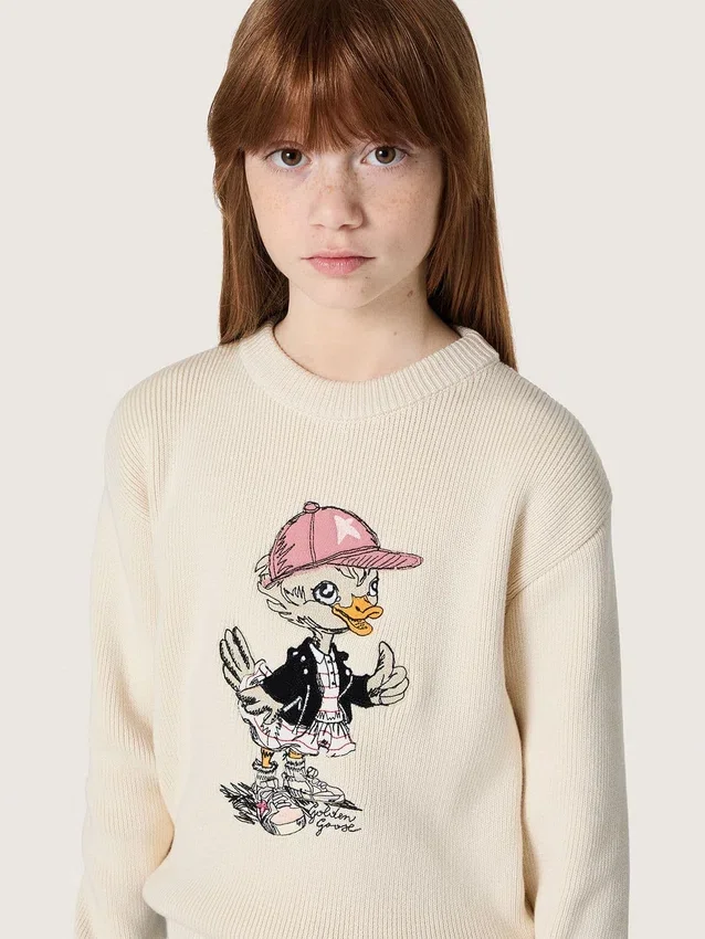 Pull « Golden Girls » en fil de coton blanc avec broderie de mascotte