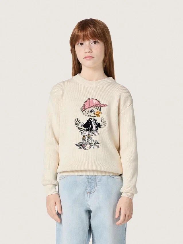 Pull « Golden Girls » en fil de coton blanc avec broderie de mascotte