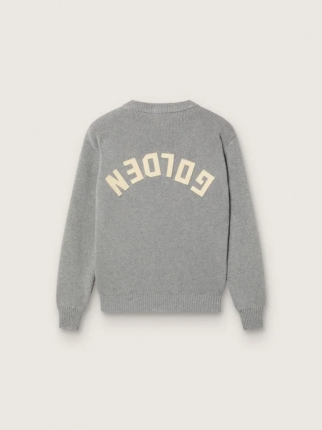 Pull Golden unisexe pour enfants, en maille côtelée gris chiné avec logo dans le dos