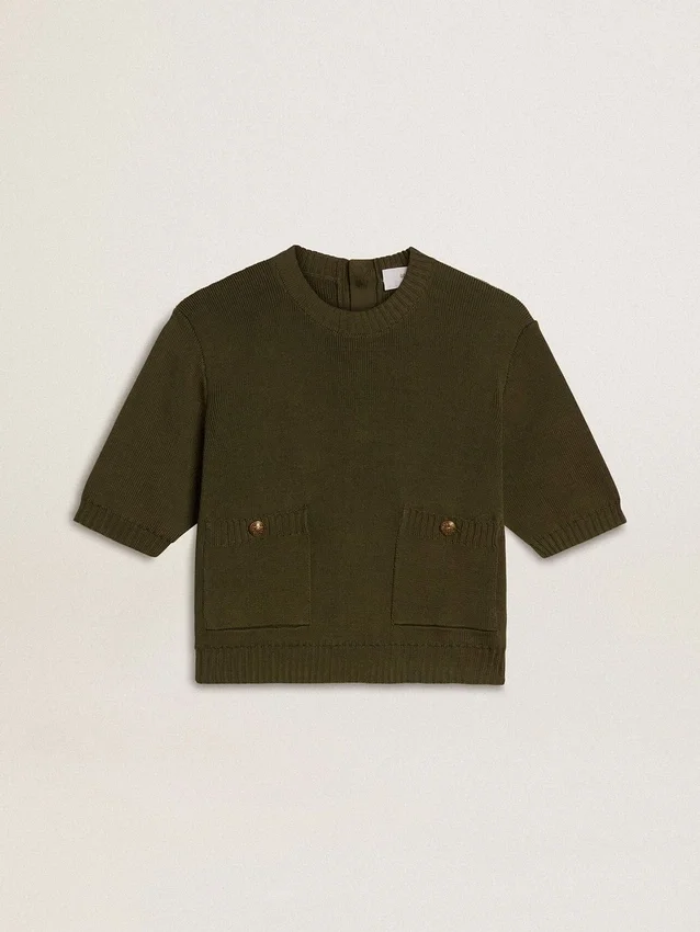 Pull à manches courtes pour femme en coton vert militaire