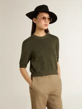 Pull à manches courtes pour femme en coton vert militaire