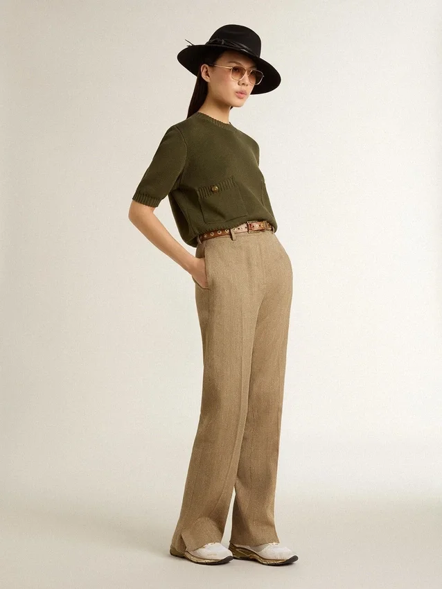 Pull à manches courtes pour femme en coton vert militaire