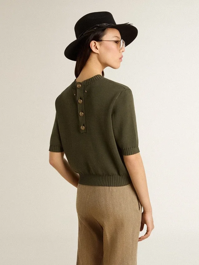 Pull à manches courtes pour femme en coton vert militaire