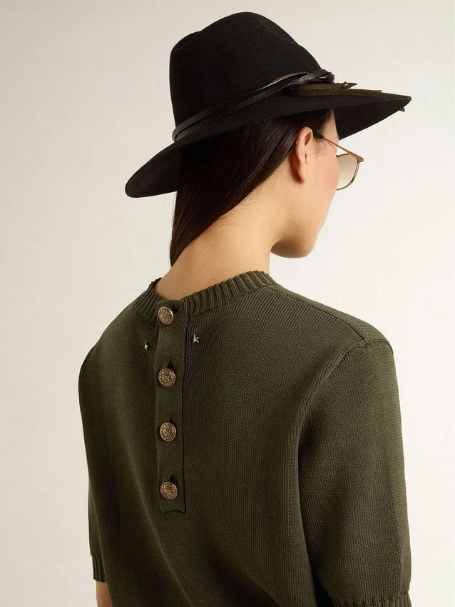 Pull à manches courtes pour femme en coton vert militaire