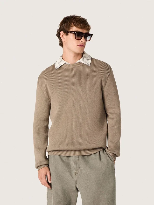 Pull pour homme en coton bio taupe clair avec logo brodé