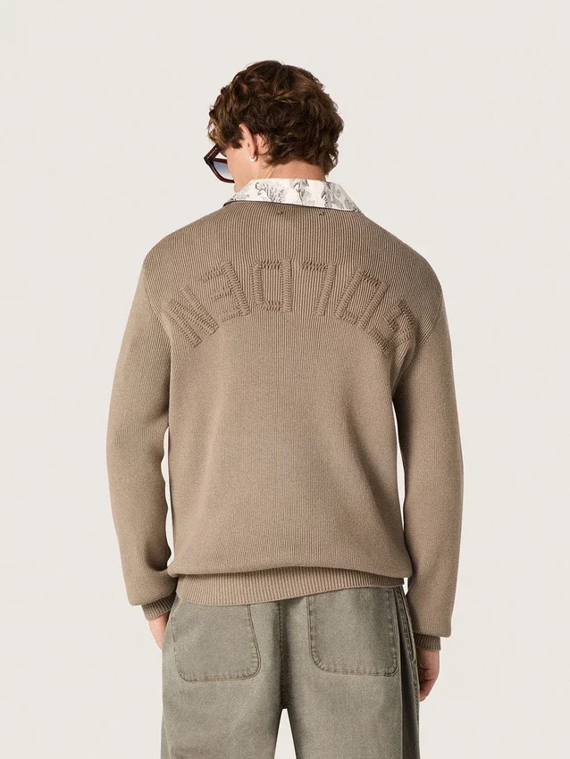 Pull pour homme en coton bio taupe clair avec logo brodé
