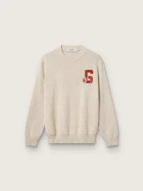 Pull unisexe à col rond en coton beige, avec un patch sur le devant et un logo dans le dos