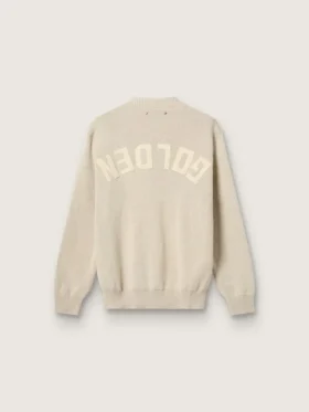 Pull unisexe à col rond en coton beige, avec un patch sur le devant et un logo dans le dos