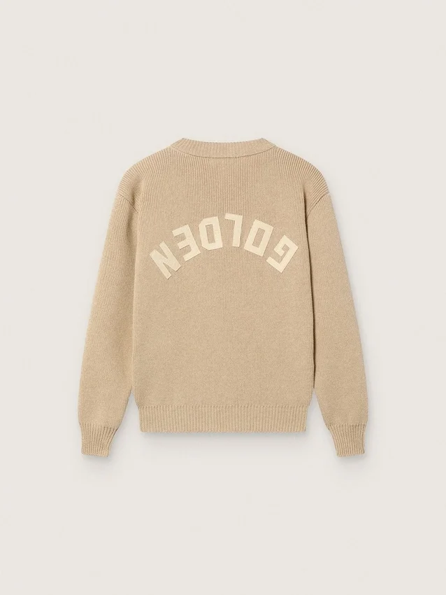 Pull unisexe à côtes beige doré pour enfants avec logo dans le dos