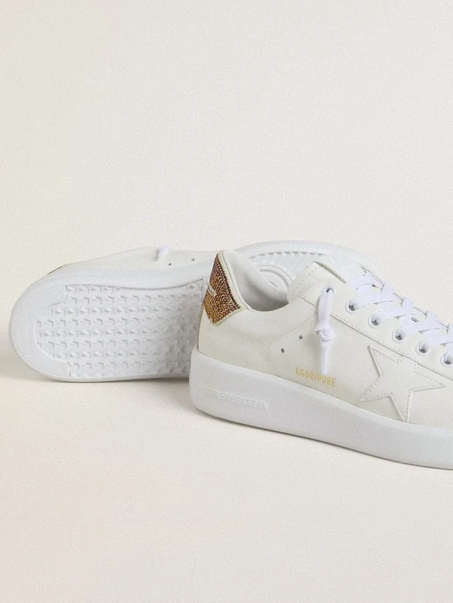 Purestar pour femme avec étoile en cuir blanc et languette de talon en cristal marron