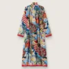 Robe caftan pour femme en voile de coton écru à imprimé multicolore