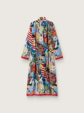 Robe caftan pour femme en voile de coton écru à imprimé multicolore
