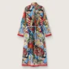 Robe caftan pour femme en voile de coton écru à imprimé multicolore