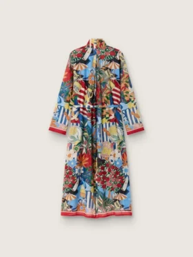 Robe caftan pour femme en voile de coton écru à imprimé multicolore