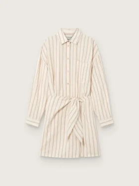 Robe-chemise en coton écru pour femme, à rayures beiges et marron
