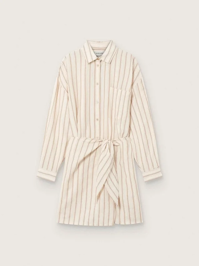 Robe-chemise en coton écru pour femme, à rayures beiges et marron