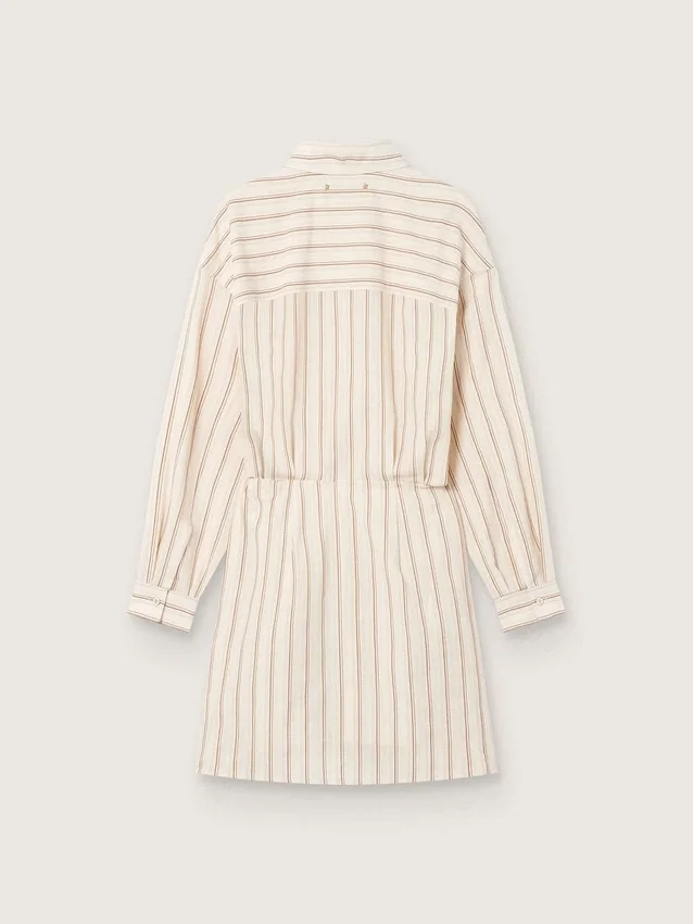 Robe-chemise en coton écru pour femme, à rayures beiges et marron