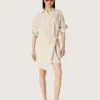 Robe-chemise en coton écru pour femme, à rayures beiges et marron