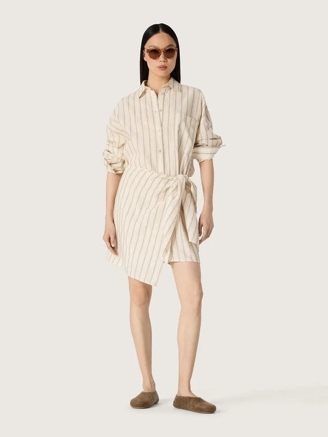 Robe-chemise en coton écru pour femme, à rayures beiges et marron