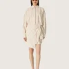 Robe-chemise en coton écru pour femme, à rayures beiges et marron