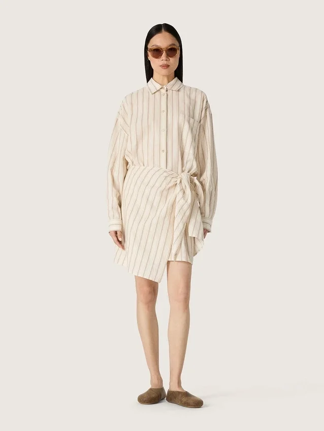 Robe-chemise en coton écru pour femme, à rayures beiges et marron
