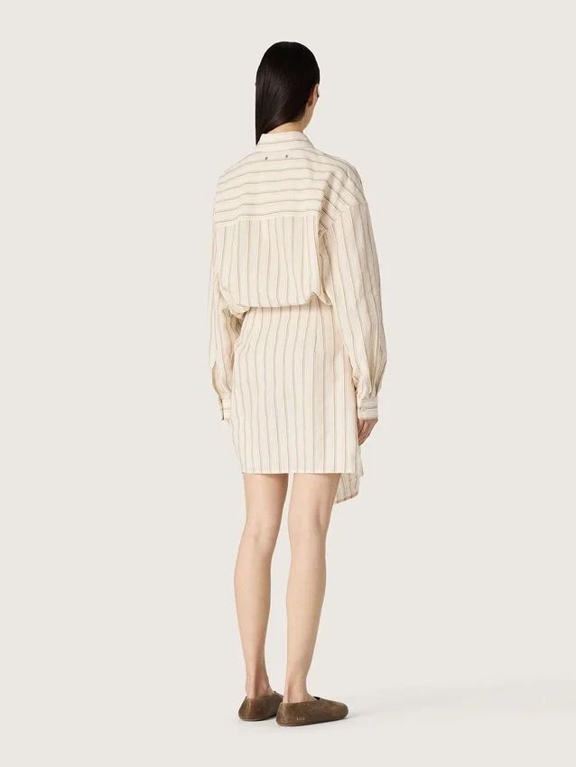 Robe-chemise en coton écru pour femme, à rayures beiges et marron