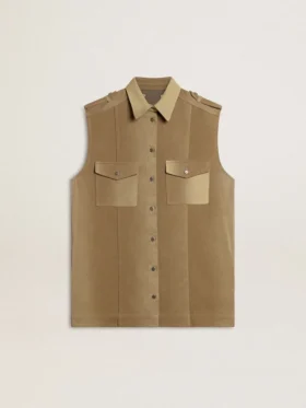 Robe-chemise pour femme en denim couleur sable avec détails militaires