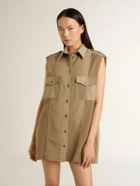Robe-chemise pour femme en denim couleur sable avec détails militaires