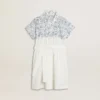 Robe-chemise pour fille en toile de coton blanche avec un imprimé nautique bleu et un passepoil blanc