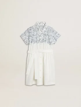 Robe-chemise pour fille en toile de coton blanche avec un imprimé nautique bleu et un passepoil blanc