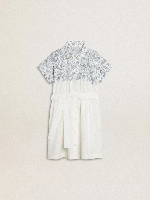 Robe-chemise pour fille en toile de coton blanche avec un imprimé nautique bleu et un passepoil blanc