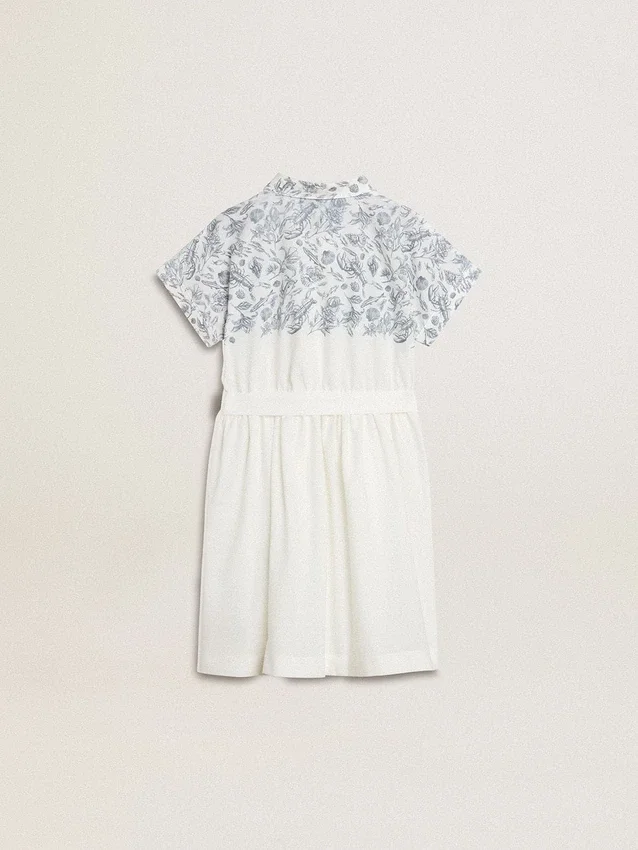 Robe-chemise pour fille en toile de coton blanche avec un imprimé nautique bleu et un passepoil blanc