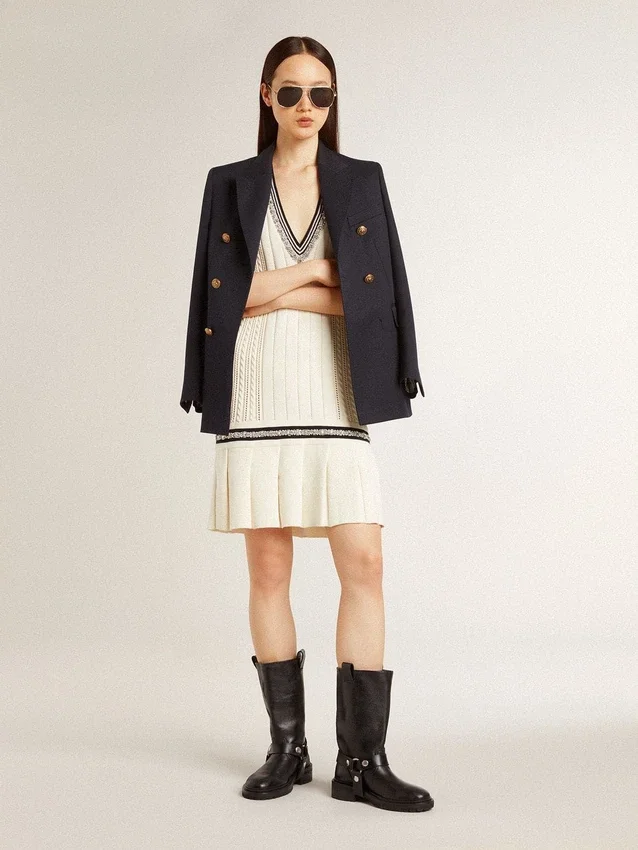 Robe-débardeur en coton blanc délavé pour femme, avec bordures côtelées bleu foncé et cristaux