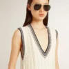 Robe-débardeur en coton blanc délavé pour femme, avec bordures côtelées bleu foncé et cristaux