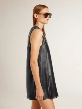 Robe en cuir nappa noir pour femme avec clous