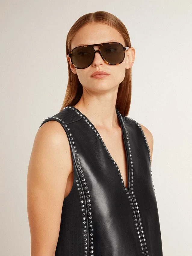Robe en cuir nappa noir pour femme avec clous