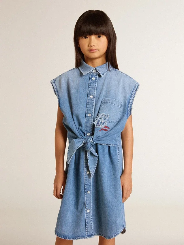 Robe en jean pour filles avec nœud sur le devant et broderies