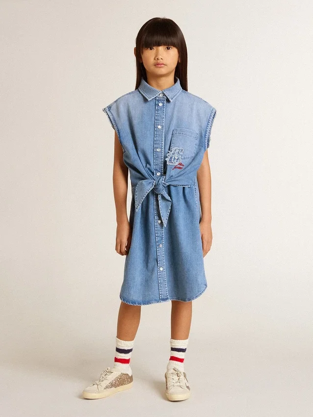 Robe en jean pour filles avec nœud sur le devant et broderies