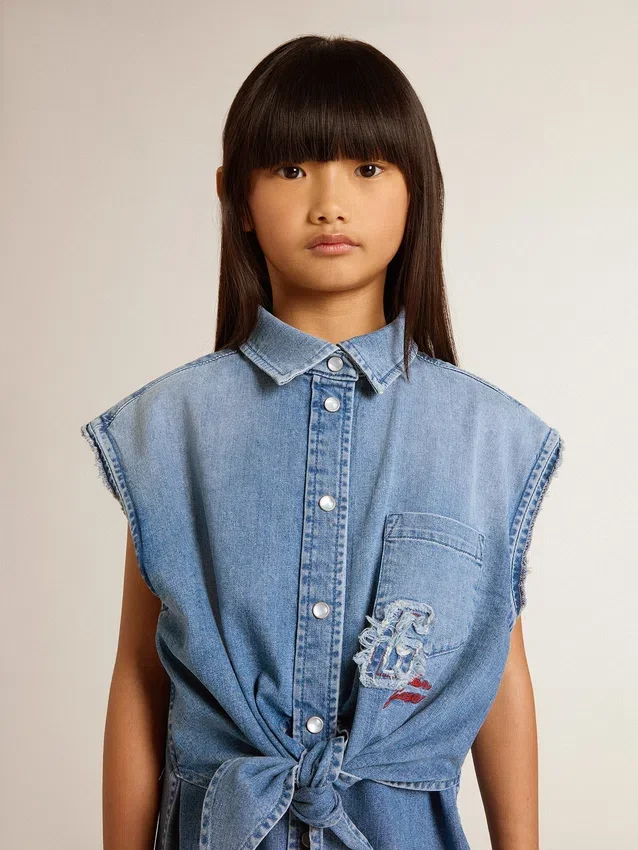 Robe en jean pour filles avec nœud sur le devant et broderies