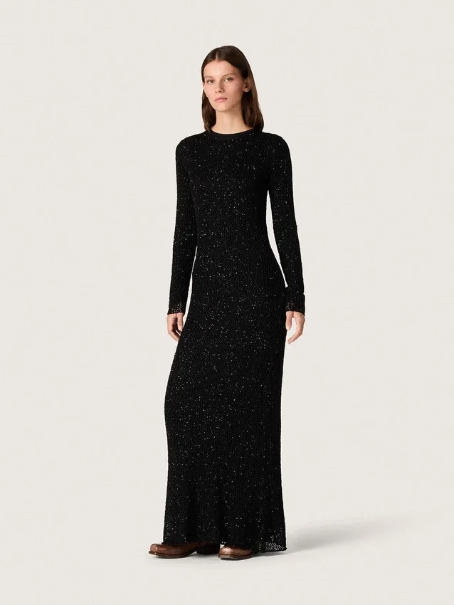Robe longue pour femme en maille noire avec paillettes noires