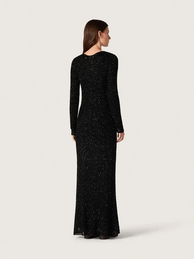 Robe longue pour femme en maille noire avec paillettes noires