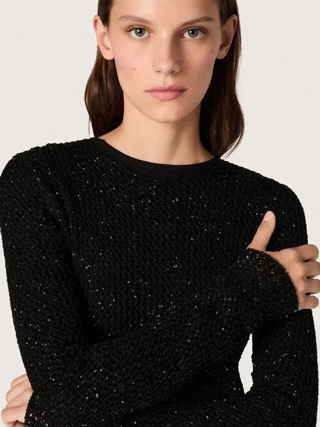Robe longue pour femme en maille noire avec paillettes noires